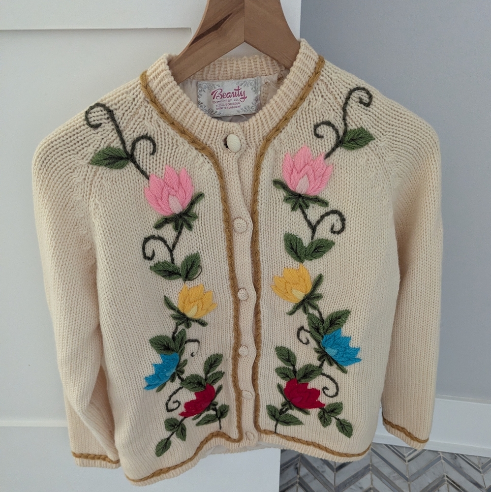 Cream Floral Embroidered Cardigan Sweater